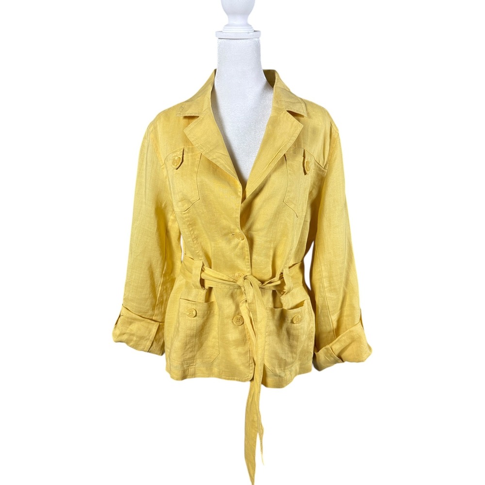 Allison Taylor Linen Safari Shirt Womens Large Yellow Belted Utility Summer